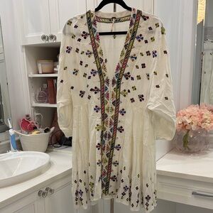 Free People Cream Embroidered Boho Tunic Dress